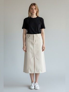Habitual Denim Midi Skirt Size 25 Cream Cotton Blend High Rise A-Line Minimalist